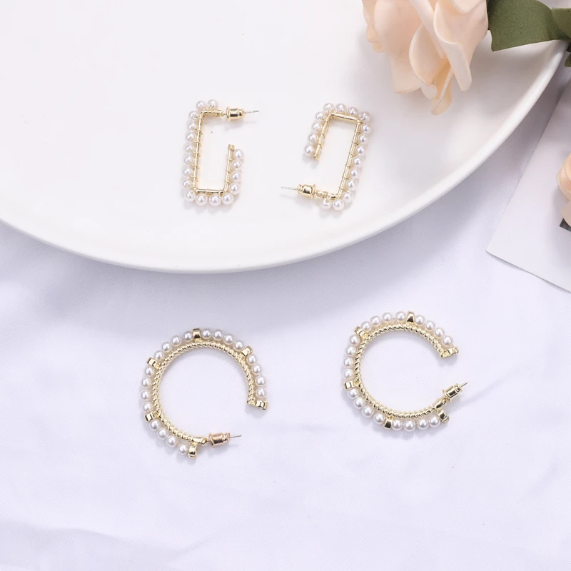 Серьги-кольца с имитацией под жемчуг женские массивные геометрические круглые