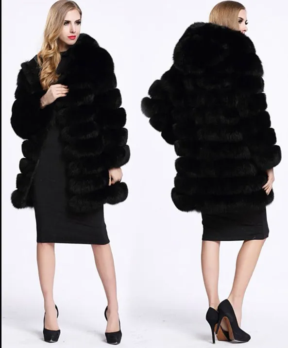 

Mid-length Stitching Hooded Faux Fur Jacket Fluffy Top Winter Women Elegant Plush Fur Coat Overcoat