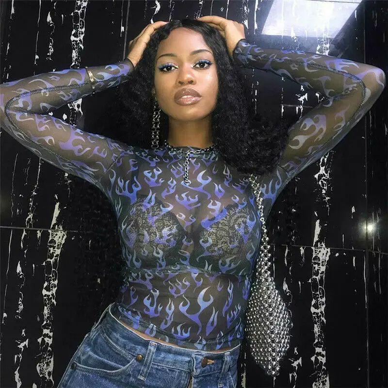 

Fashion Women Mesh Sheer Top Long Sleeve Transparent Shirts