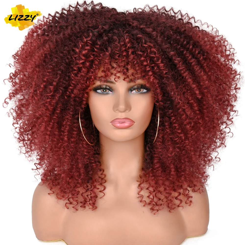 

Lizzy 16" Short Hair Afro Kinky Curly Wigs With Bangs For Black Women Synthetic Cosplay Bomb Omber African Glueless Wigs