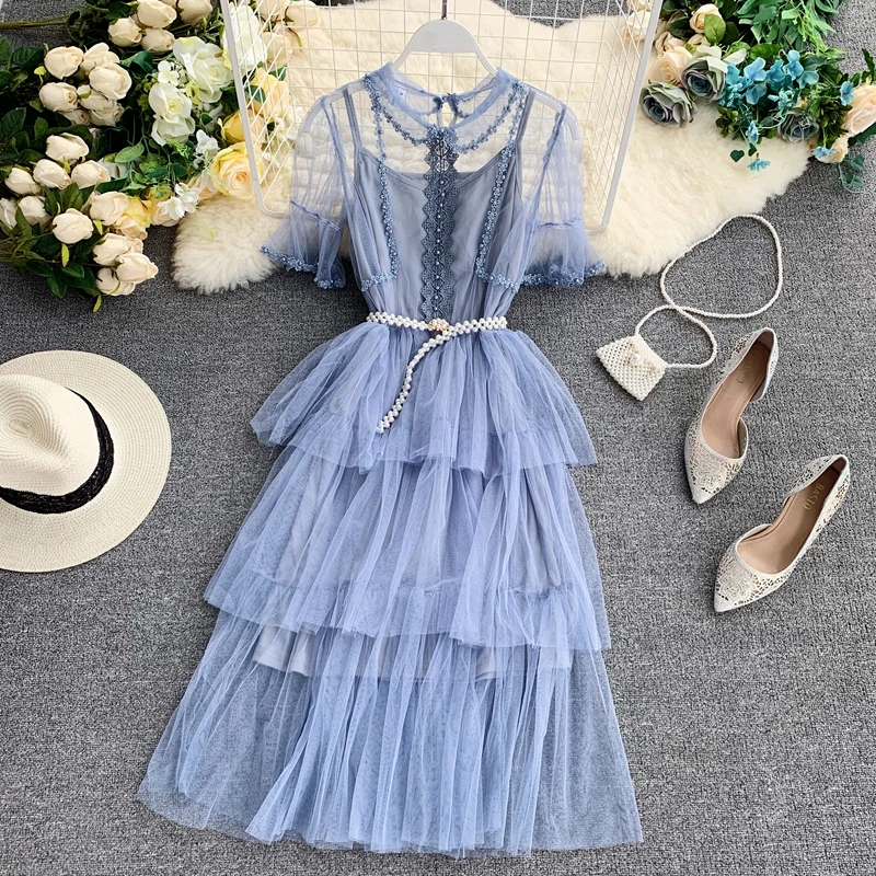 Little fairy design sense dress female summer doll collar beaded short-sleeved layered ruffled cake mesh | Женская одежда