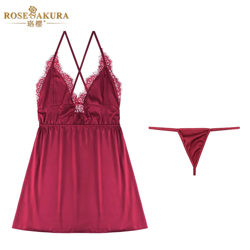 

High-end sexy lingerie imitation silk nightdress deep V-neck nude back suspender skirt robe outer cover sexy nightwear Erotic