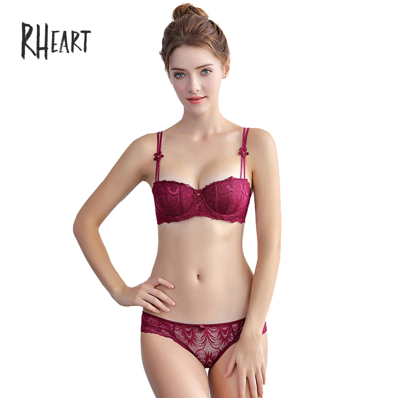 

Roseheart Women Fashion Red Sexy Lingerie Padded Bra Half Cup Underwire Lace Trim Cotton Panties Push Up Bra Sets Plus Size