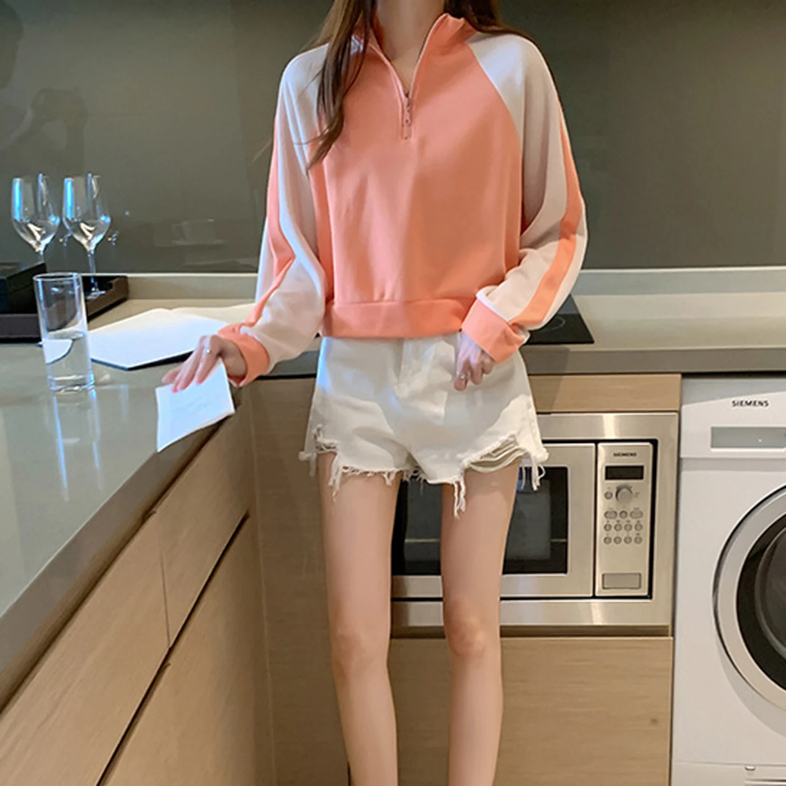 

Women Loose Long Sleeve Zipper Color Contrast Stand-up Collar Blouse Pullover