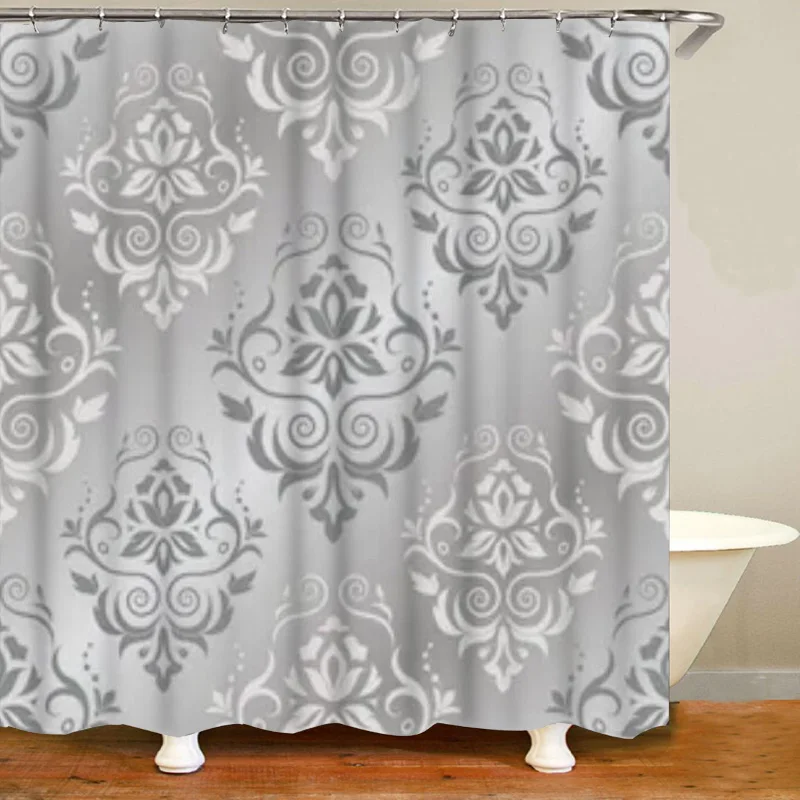 

Stylish Antique Abstract Baroque Damask Shower Curtains Bathroom Curtain Dark Gray Silver Floral Bath Curtain Bath Mats Decor