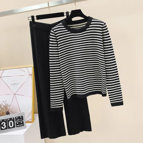 Long Sleeve Black Genayua трикотажные осенние офисные женские женский комплект 2 шт. штаны с эластичной резинкой на талии полосатая футболка с круглым вырезом комплект из двух предметов брюки - Цвет: Long Sleeve Black