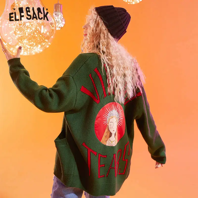 ELFSACK зеленый однотонный Повседневный вязаный кардиган с аппликацией богини