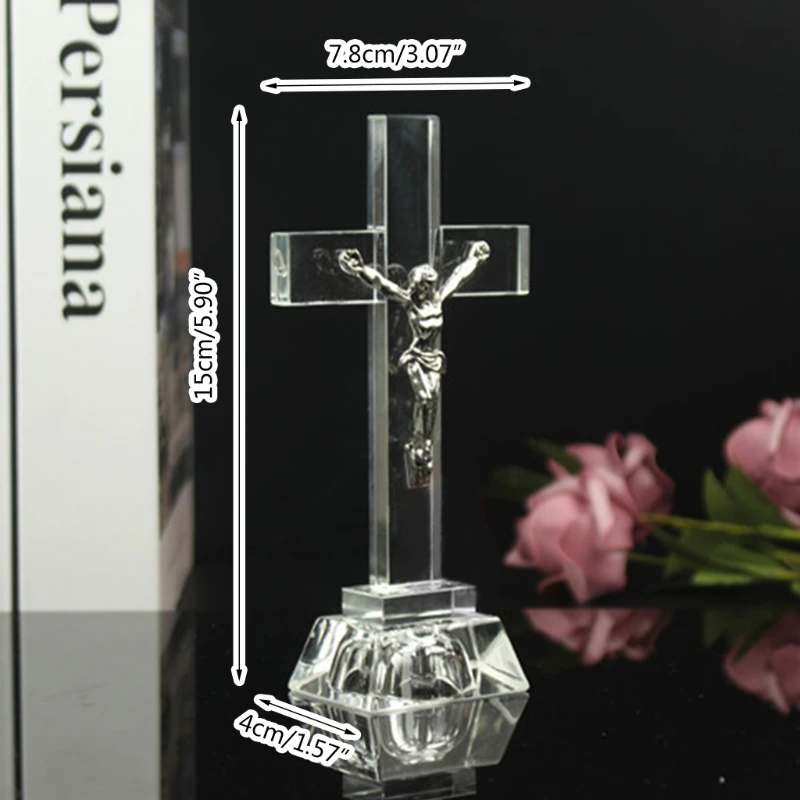 

Christian Cross Church Ornaments Crystal Cross Jesus Statue Religious Style Desktop Decoration Creative Figurine Decor