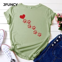 jfuncy women summer tops 100 cotton oversize short sleeve t shirts female casual tshirt dogs footprint print lady tees