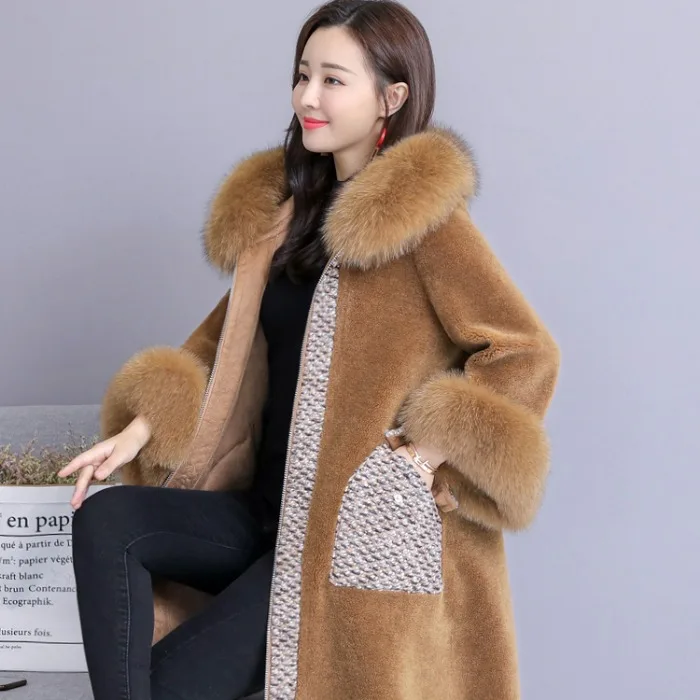 Женское длинное пальто из овчины Свободное искусственного меха с капюшоном и