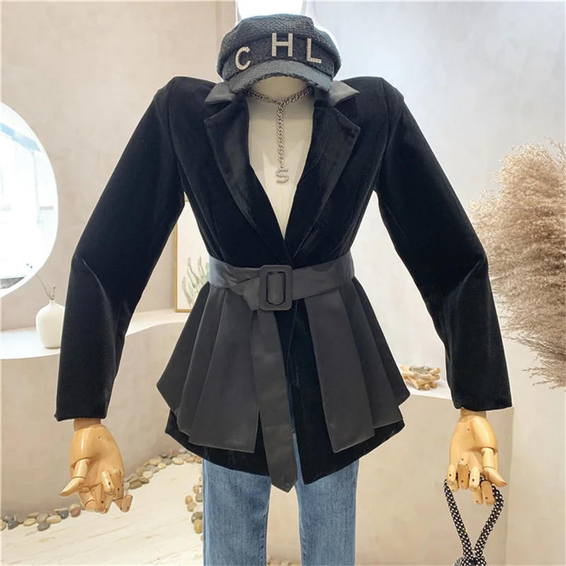 

Niche Design NEW Women's Clothing 2021 Autumn French Retro Suit Collar Velvet Jacket Mid-length Waist Belted Blouse