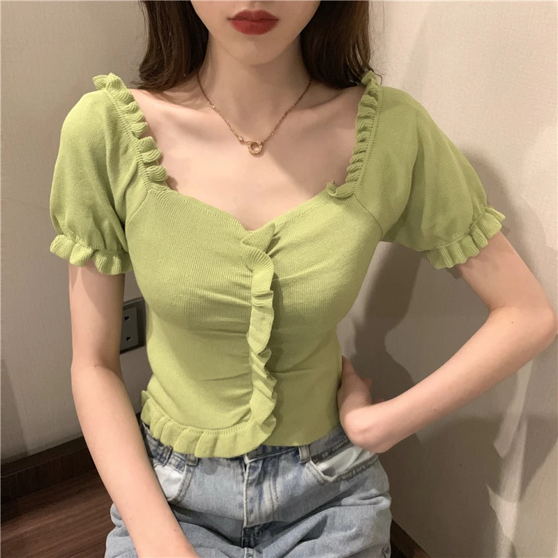 

Summer New Fashion Solid Slim Tees Female Square Collar Short Sleeve Tops Women Clothing Korean Sweet Style T Shirts Hipster Hot