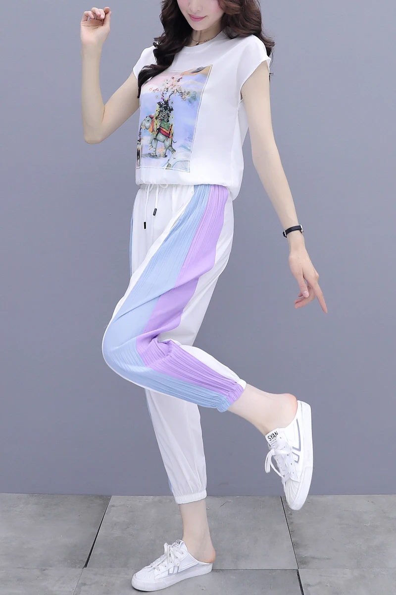 

Houthion Women Two Piece Set Summer O-neck Loose Tshirt Short Sleeve T-shirts + Pants Suits Print T Shirt and Pants Sets