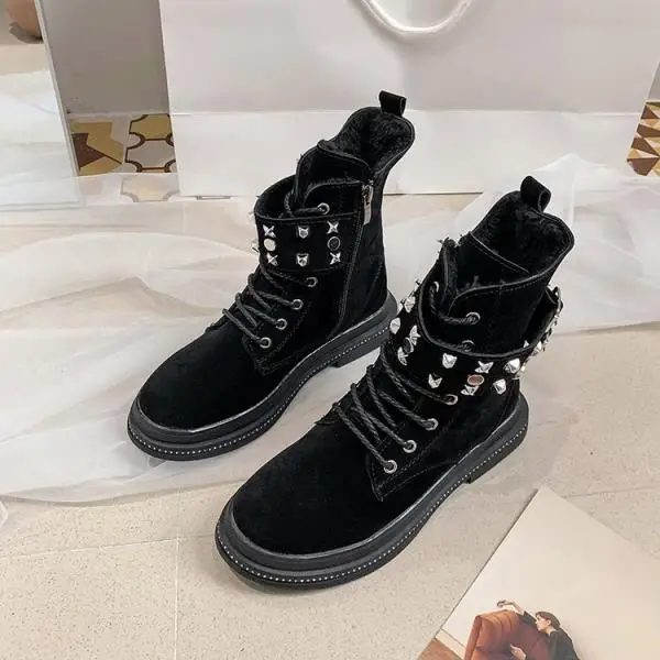 Women's Mid Calf Boots Rivets Shoes Low Heels booties Bootee Woman Booties Ladies Luxury Designer Round Toe Lace Up Rubber - Цвет: 2