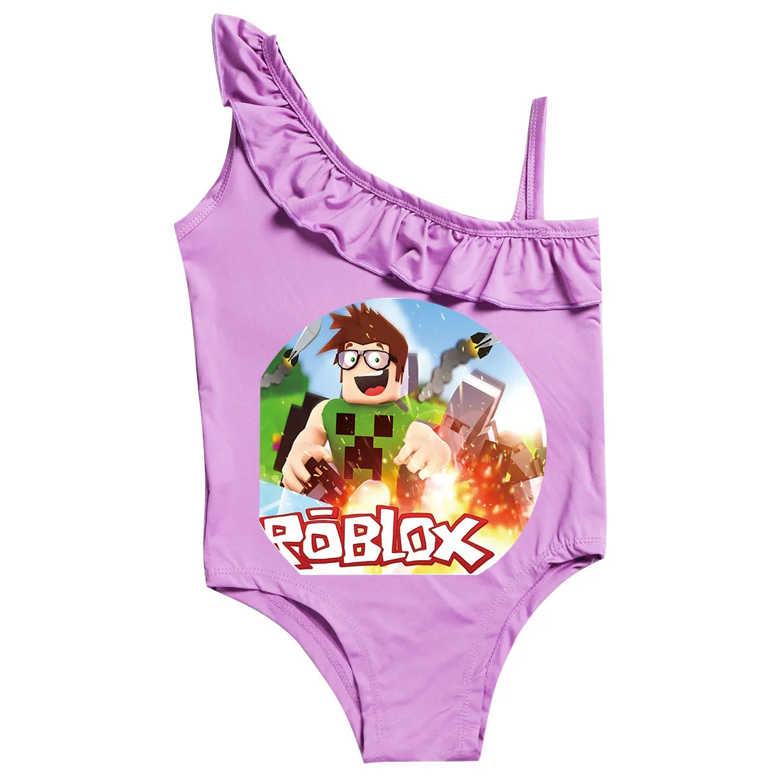 

ROBLOX Robot Polyester One Piece Girl Swimsuit Anime Push Up Swimwear Kids purple Beach Bathing Suit Catoon Print Child Gift New