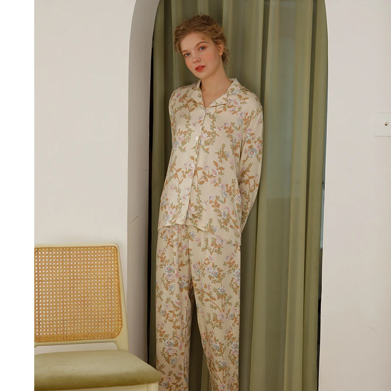 

2021 Spring Elegant Pajamas Suit Natural Casual Models Long-Sleeved Trousers Homewear Printing Comfortable Nightwear Suit