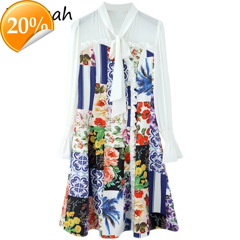

Women Summer Fashion Landrace Party Short dress Bow scarf Floral Print Elegant Bodycon Women A-line Vestidos