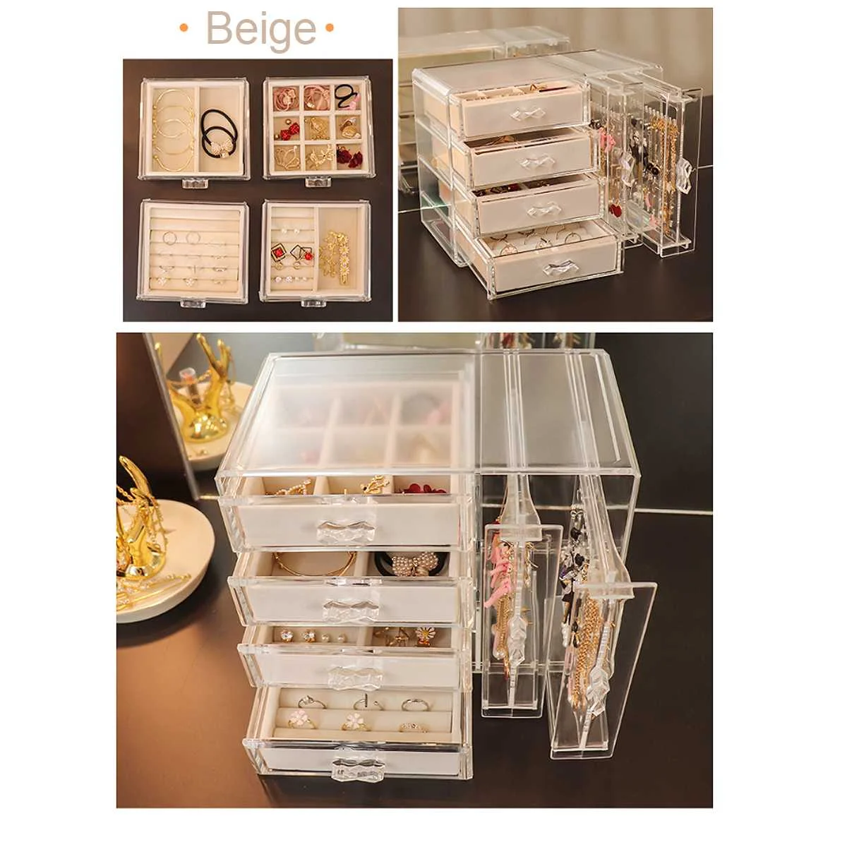 beige 4 слоя акриловая коробка для хранения ювелирных изделий ящик+ 2 серьги дисплей стойки ожерелье браслет кольцо Органайзер чехол пылезащитный - Цвет: beige
