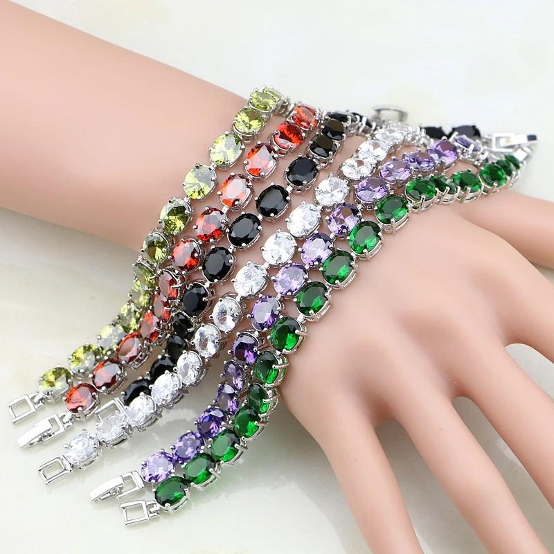 

925 Silver Jewelry Multicolor Cubic Zirconia White Crystal Charm Bracelet Chain Link For Women Free Gift Box 19 cm