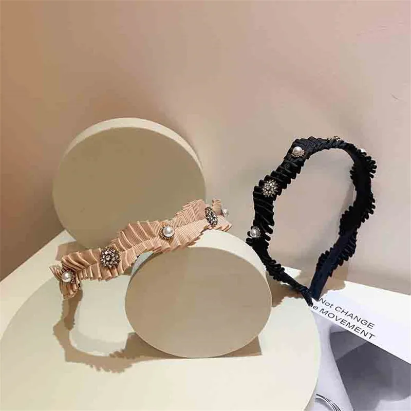 

Pearl Rhinestone Headband Pleated Wave Lace Press Hairpin Fairy Wind Hair Band Korea