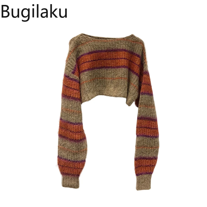 

Женский трикотажный пуловер в полоску Bugilaku, повседневный укороченный свитер контрастных цветов в уличном стиле для осени