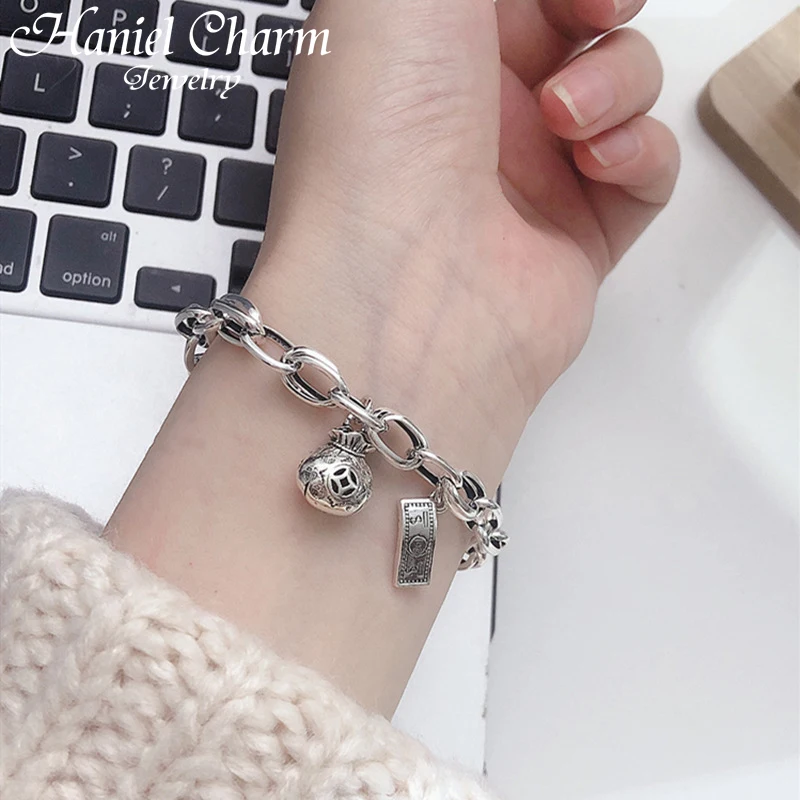 

hot sale 925 Sterling Silver Multi-layer Retro Dollar Purse Lucky Bag Chain Bracelet Female Hip-hop Trend Jewelry Accessories