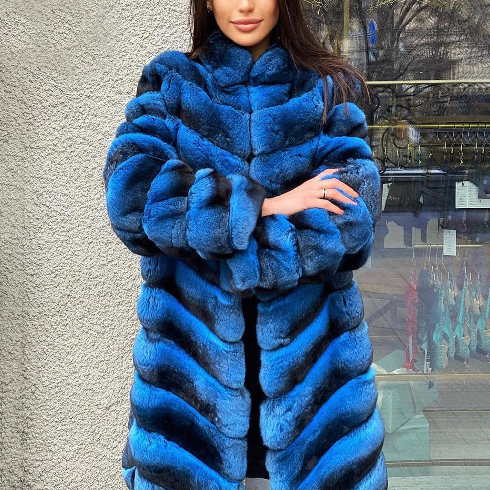 90cm Long Natural Rex Rabbit Fur Coat Women Winter New Royal Blue Full Pelt Genuine Rex Rabbit Fur Coats Luxury Fur Outwear 2022