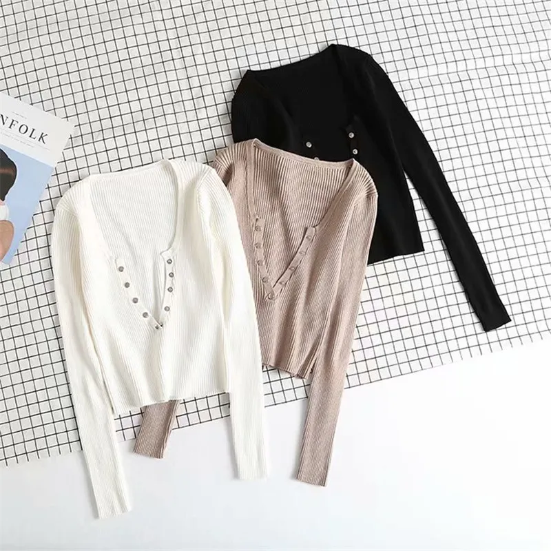 

Весна-лето, новая уличная мода, сплошной цвет, глубокий v-образный вырез, сексуальная Трикотажная футболка с длинными рукавами, женская тонк...