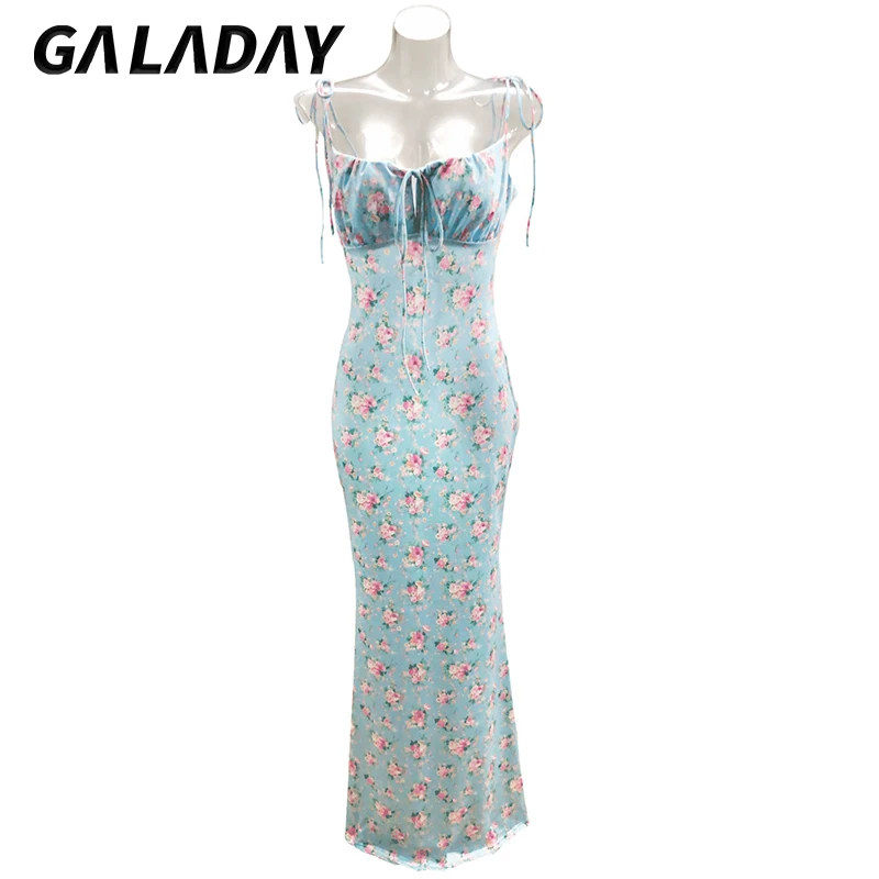 

Galaday Summer Dress Women Casual Sexy Floral Folds Backless Lace Suspenders Long Women's Dresses for Women 2021 Beach Dresses