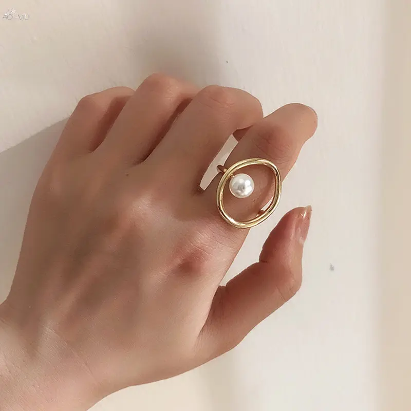 AOMU Модные женские Кольца из металла, золотого, серебряного цвета, геометрический круглый искусственный жемчуг, вечерние кольца, Свадебный комплект ювелирных изделий