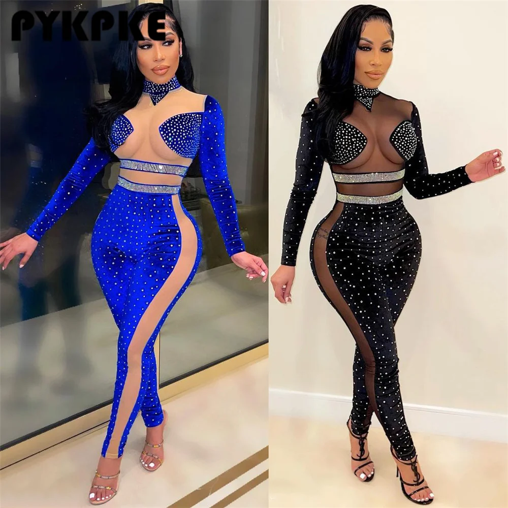 

Women See-Through Mesh Stitching Diamonds Jumpsuit Fashion Sexy Long Sleeve Nightclub Rompers