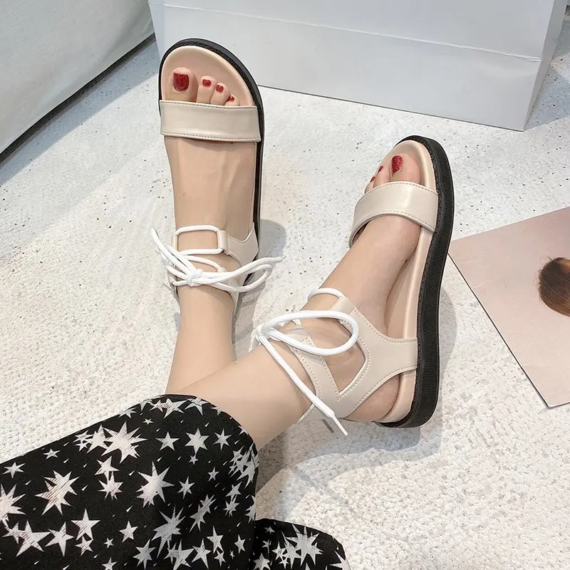 

2021 Summer Flat Leather Women Sandals Open Toe Gladiator Sandals Women Lace Up Women Platform Sandals