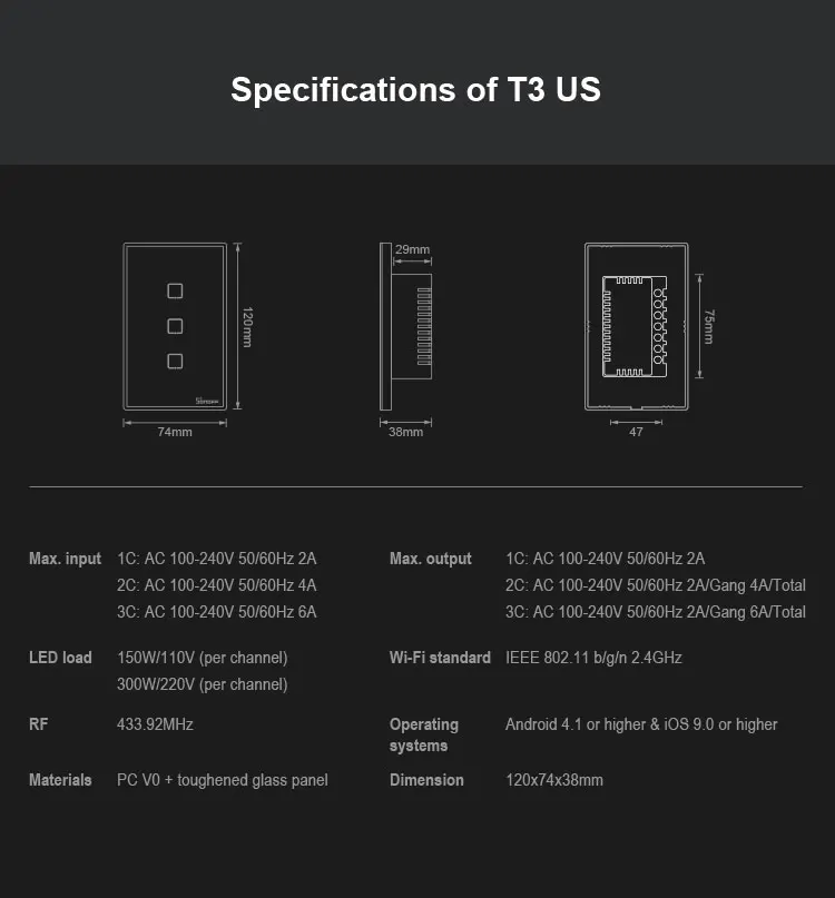 SONOFF T3 UK/US/EU Wifi сенсорный экран переключатель работает с Amazon Alexa/Google Home/для Google Nest/Роскошная стеклянная панель/светодиодный светильник