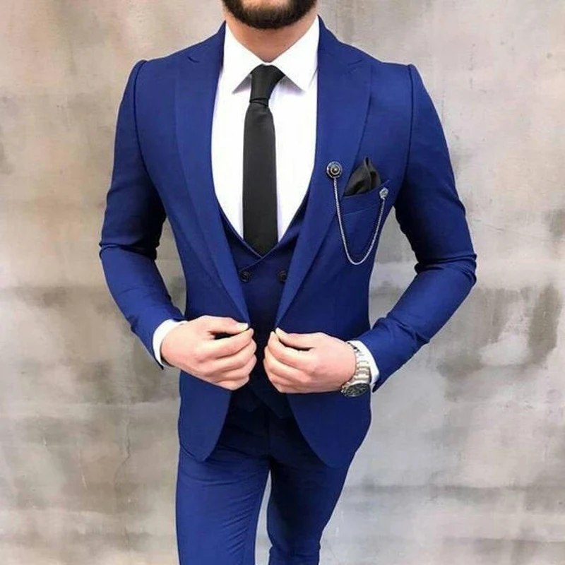 

Мужской облегающий костюм из трех предметов, темно-синий свадебный смокинг, пиджак с двубортным жилетом и брюки в повседневном стиле