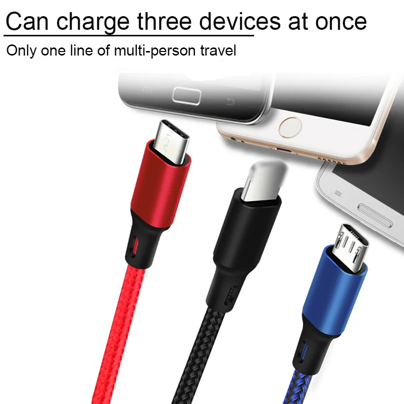 3 в 1 USB кабель Быстрая зарядка кабель для передачи данных для iPhone XS Max XR X 8 7 кабель зарядного устройства микро-usb type-c кабель для samsung S9 s8 нейлон