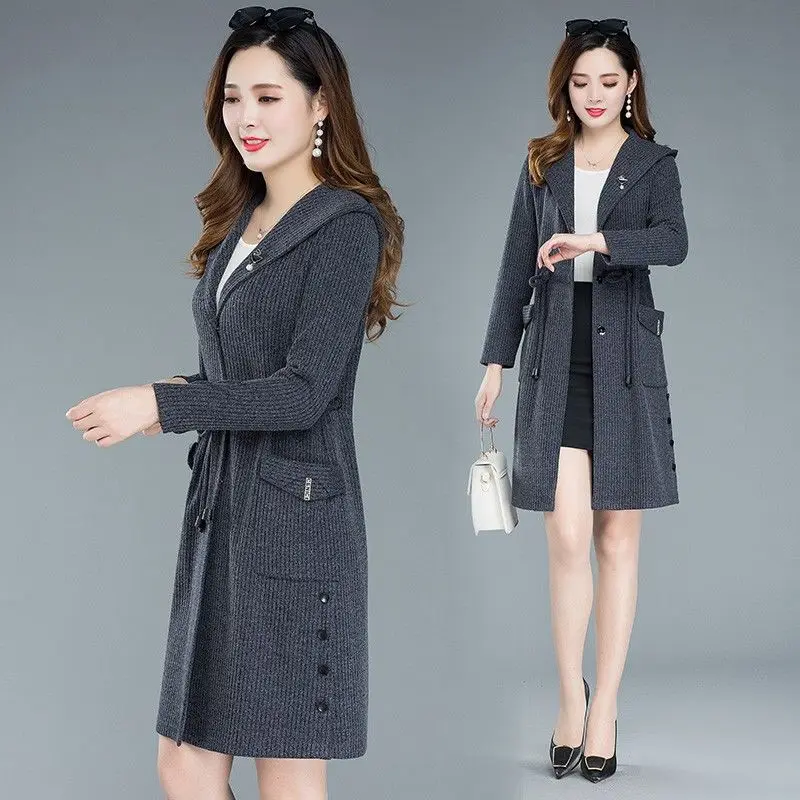

Women 2022 Spring Autumn Long Fashion Trench Coat Female Casual Loose Windbreaker Ladies Drawstring Hooded Outercoats Z19