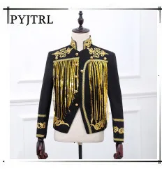 PYJTRL мужской золотой серебряный красный синий черный блестящий приталенный фрак сценический певец Выпускные платья костюм свадебный костюм жениха