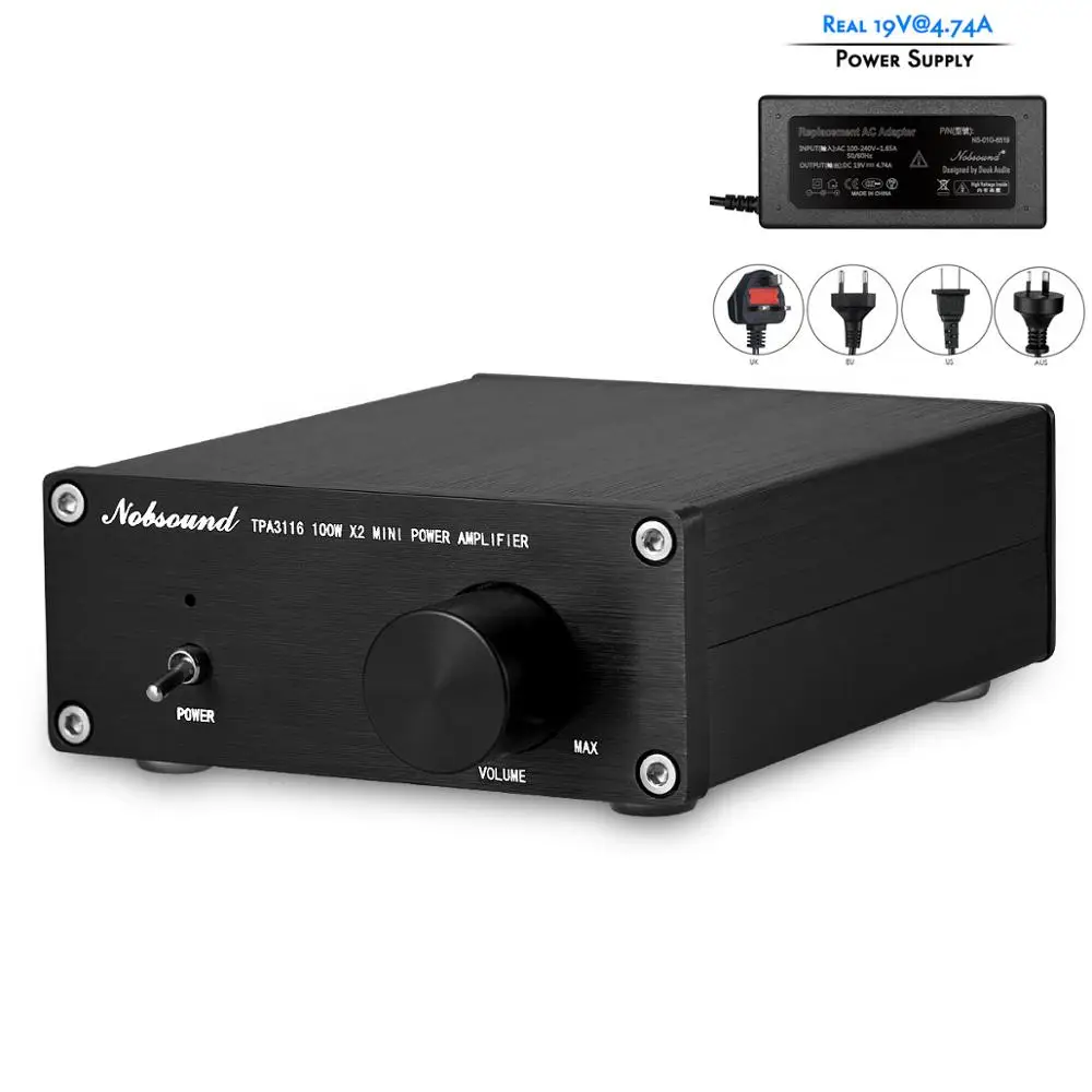 Nobsound Мини цифровой аудио усилитель мощности HiFi TPA3116 стерео музыка 2-канальный 100 Вт* 2 черный шасси - Цвет: With Power Supply