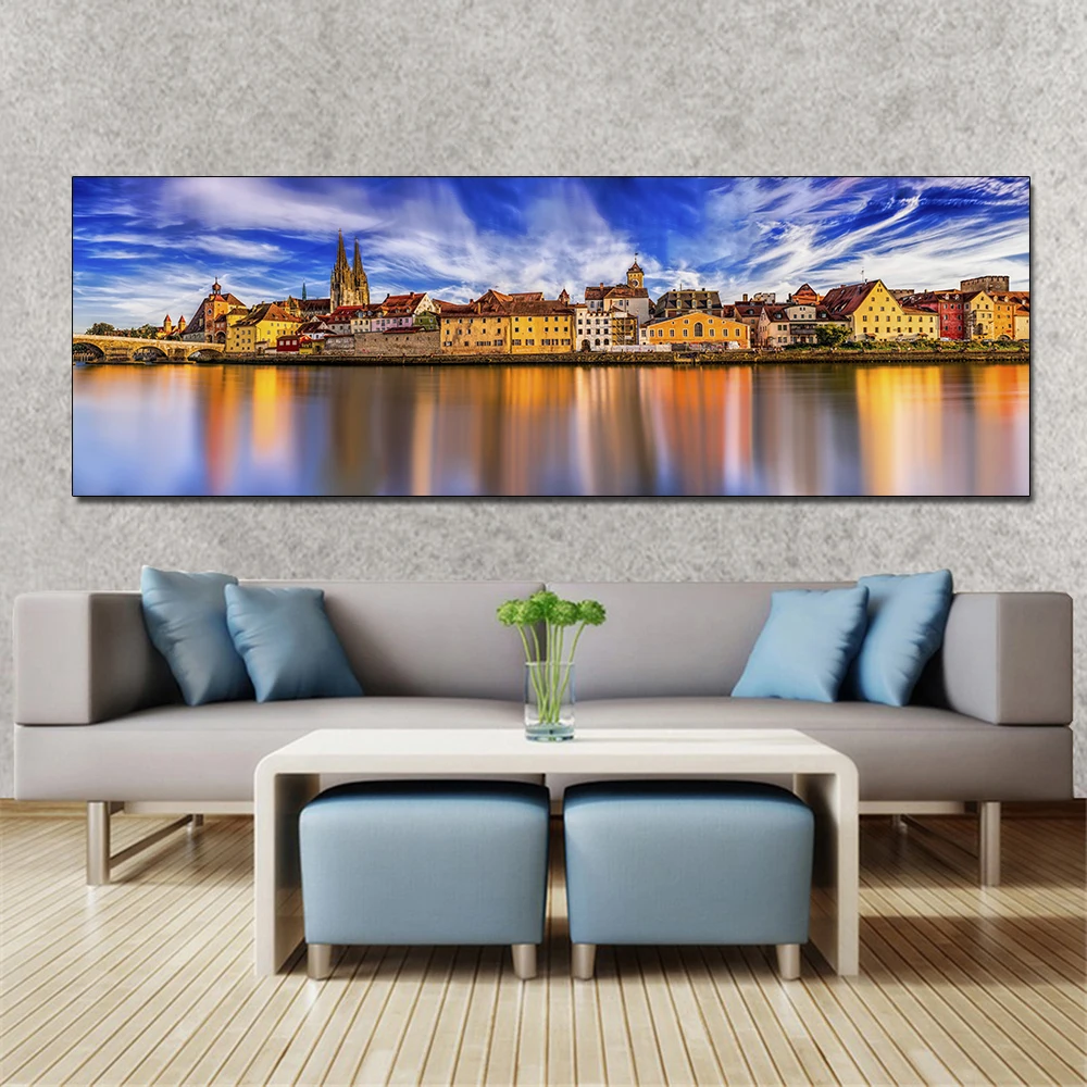 2021 Новый Wall Art Большой Размеры фон с рисунком пейзажа деревьями рекой и дом Синий