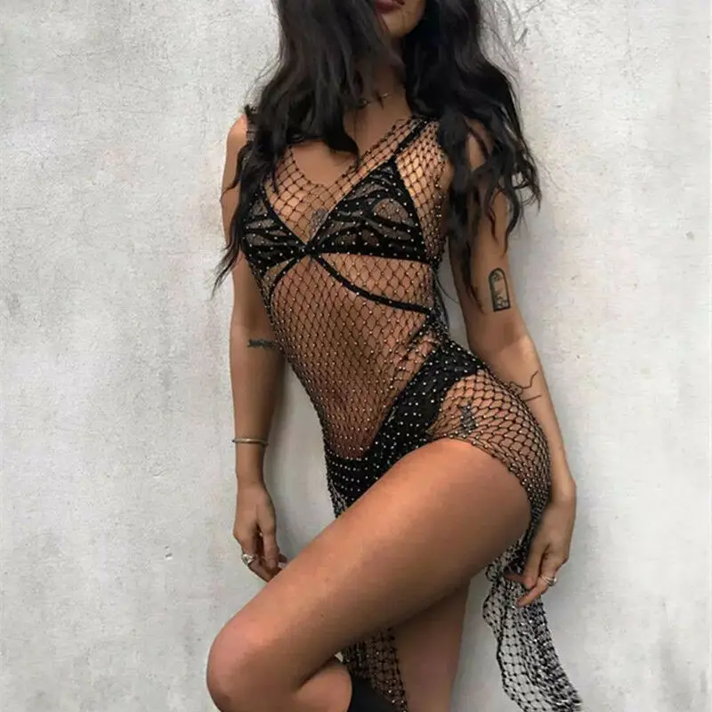 Summer Women Bikini Bling Crystal Cover Up Tops Sexy Lace Fishnet Hollow Out See Through Swimsuit Swimwear Beach | Женская одежда