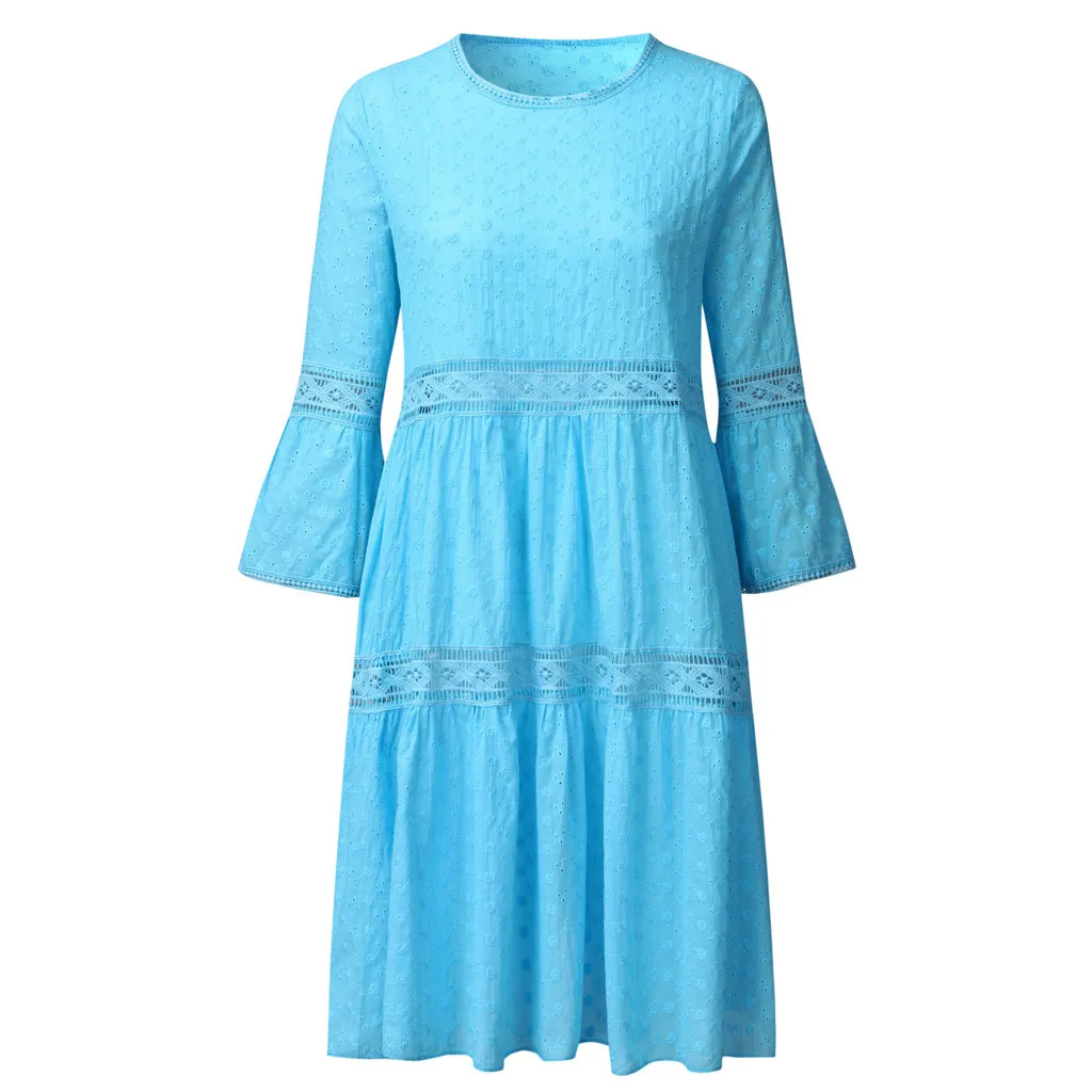 Платье для девочек, женское платье Boho, одноцветные платья с вырезом лодочкой, платья средней длины с рукавами 3/4, Прямая поставка 40