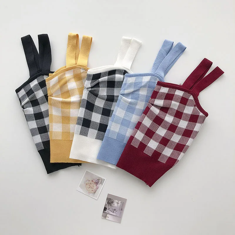 Женские клетчатые вязаные топы с жемчужным дневником короткие шикарные без