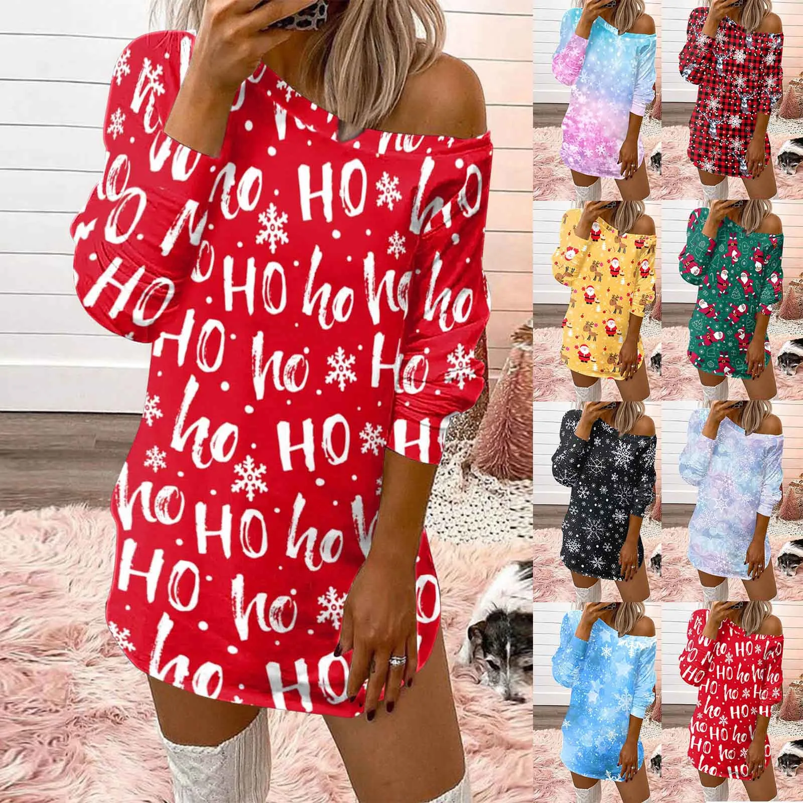 

Women Christmas Dress Long Sleeve Print Xmas Casual Pullover Dress New Year Clothes