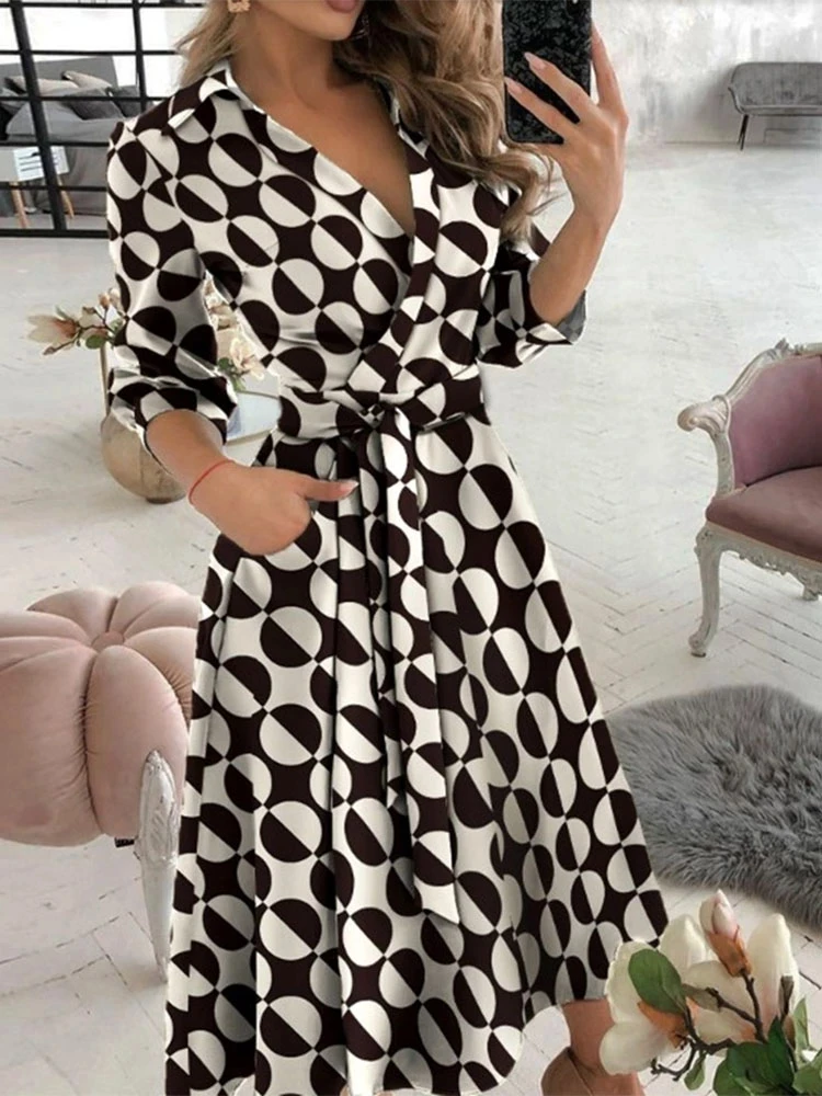 

Summer Women Dress 2021 Casual Dress Elegant V-Neck Print Long Shirt Dress Turn Down Collar Lady Party Dress Vestido