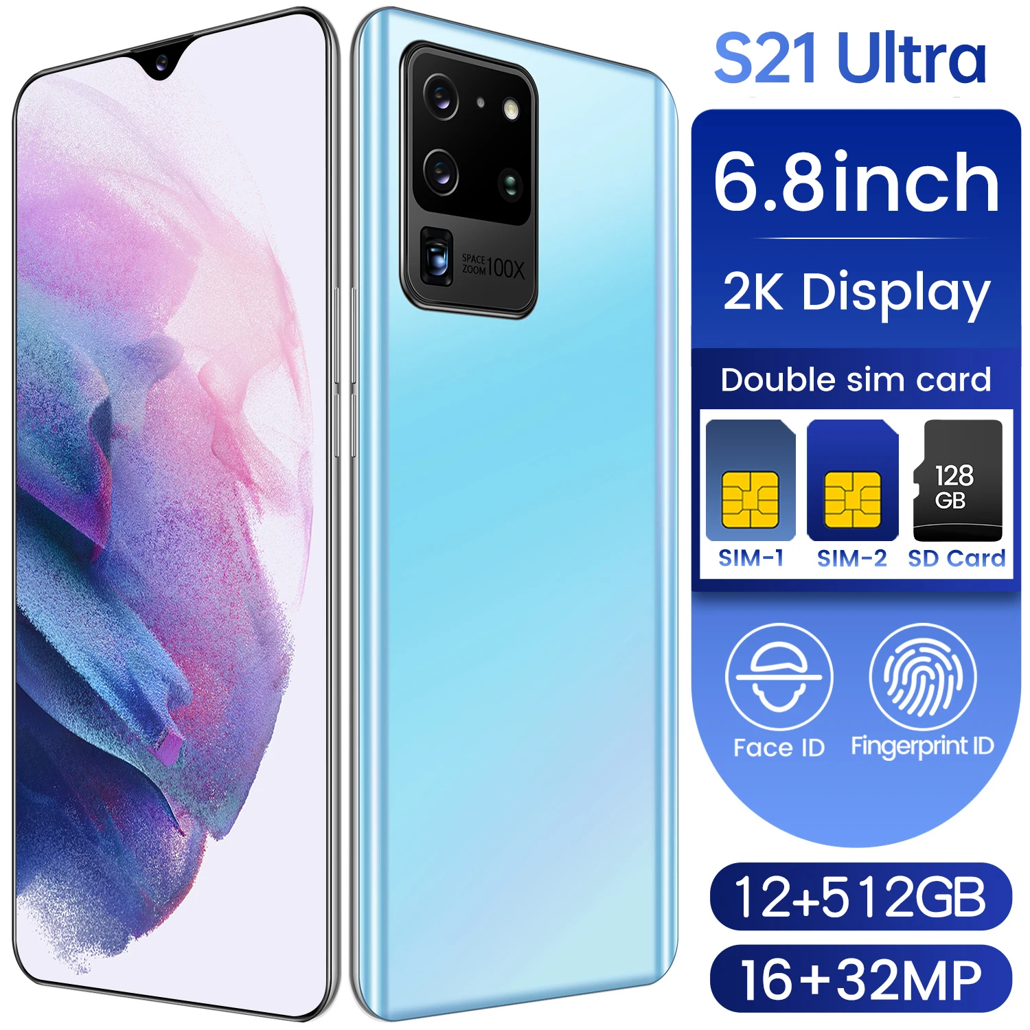 

S21 Ultra 8core 256G Rom Ultra MTK6889 Cellphone 6.7inch HD Water Drop Screen Mobile Phone Global Version of 5G Internet Access