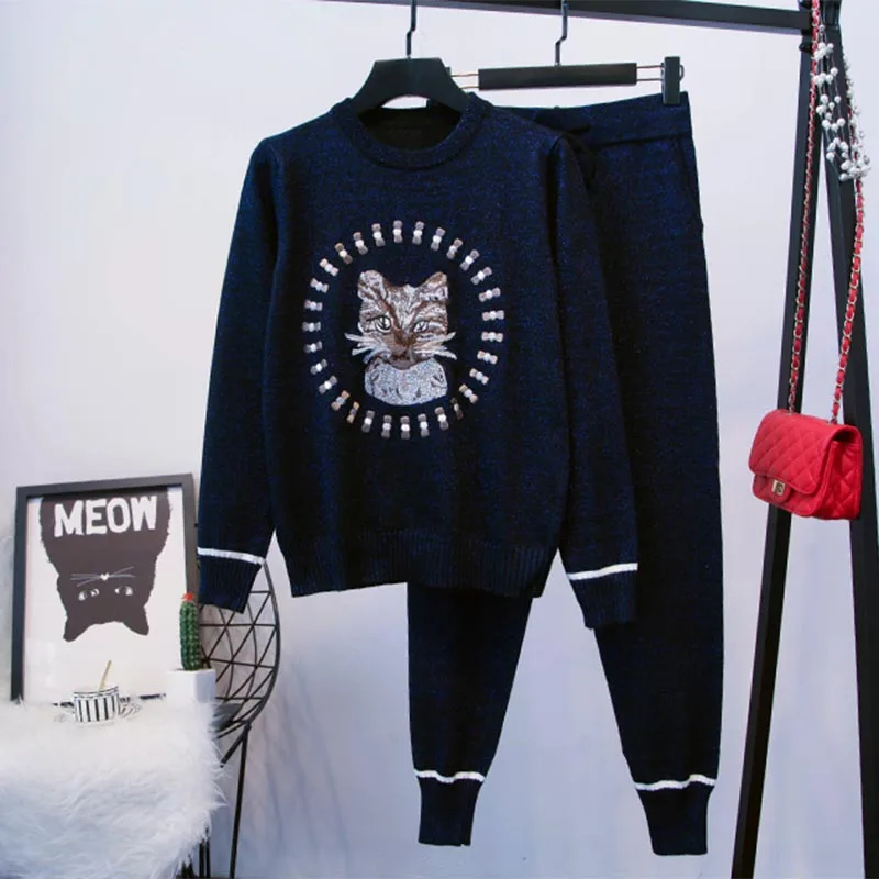 Dark blue Женский осенне-зимний теплый костюм с принтом кота, Kint Топ+ брюки-карандаш, костюмы, вязанные свитера кэжуал с длинными рукавами, брюки, комплект из 2 предметов с блестками - Цвет: Dark blue
