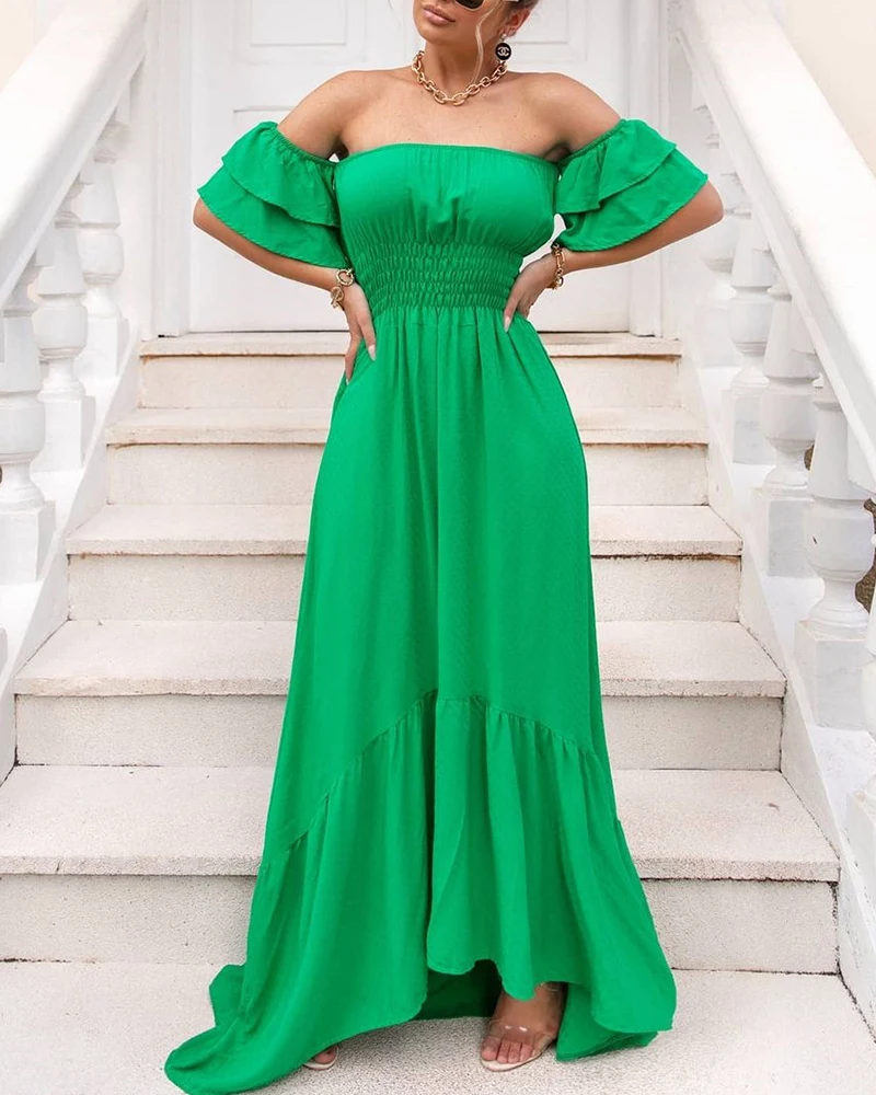 

Женское вечернее платье-макси с открытой спиной, элегантное однотонное платье с воротником «одно слово», рукавами в виде листьев лотоса и о...