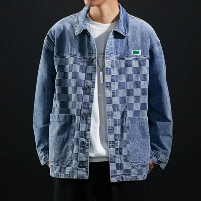 

Autumn fashion tide brand men's plaid denim jacket trend high street hip-hop style student loose denim jacket
