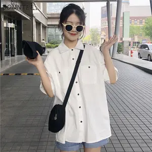 Женские рубашки в стиле ретро Харадзюку, простые, подростковые, унисекс, свободные, парные, в японском стиле с коротким рукавом, в стиле преппи, повседневные, модные, однотонные, милые