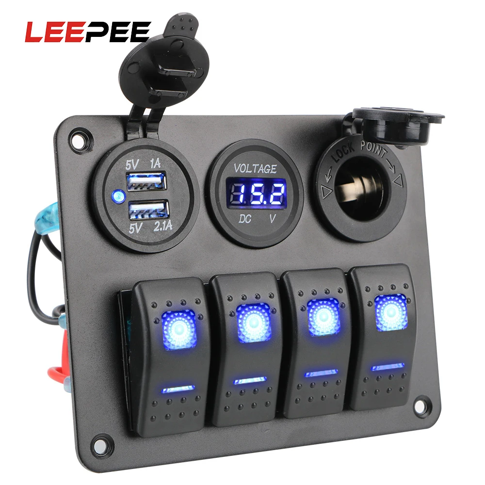 

LEEPEE Circuit Breaker Dual USB Port Waterproof Digital Voltmeter 4 Gang Aluminum Panel LED Rocker Switch Panel